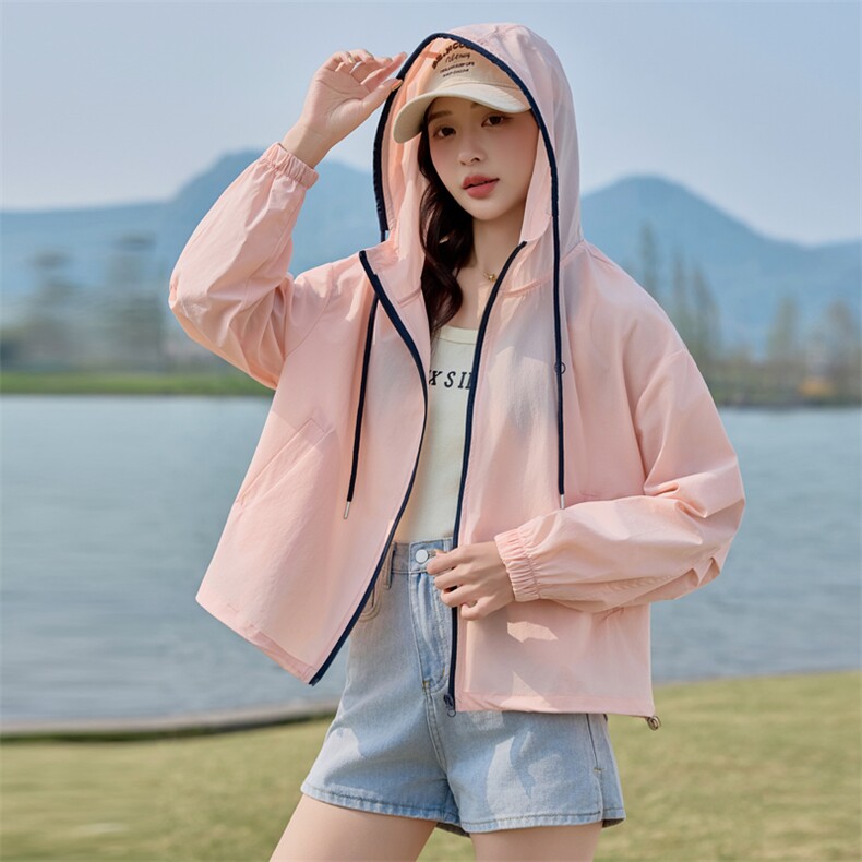 休闲连帽短款防晒衣女2025夏季新款宽松显瘦小个子轻薄透气外套，女装防晒衣，悦祺