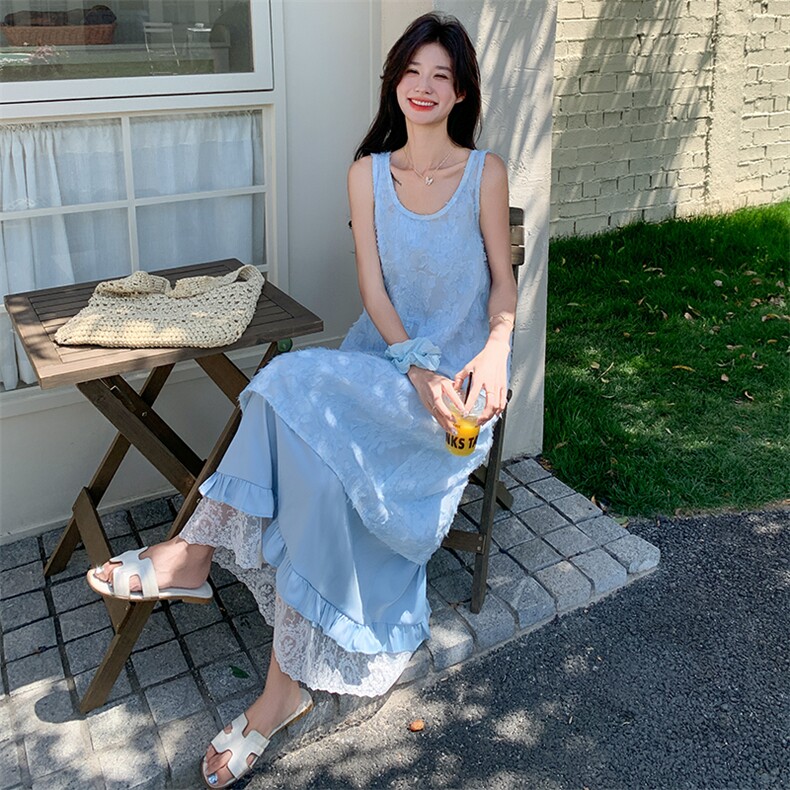 浅蓝色法式气质感提花拼接连衣裙女2025夏新款时尚度假风无袖长裙,女装连衣裙,2D080