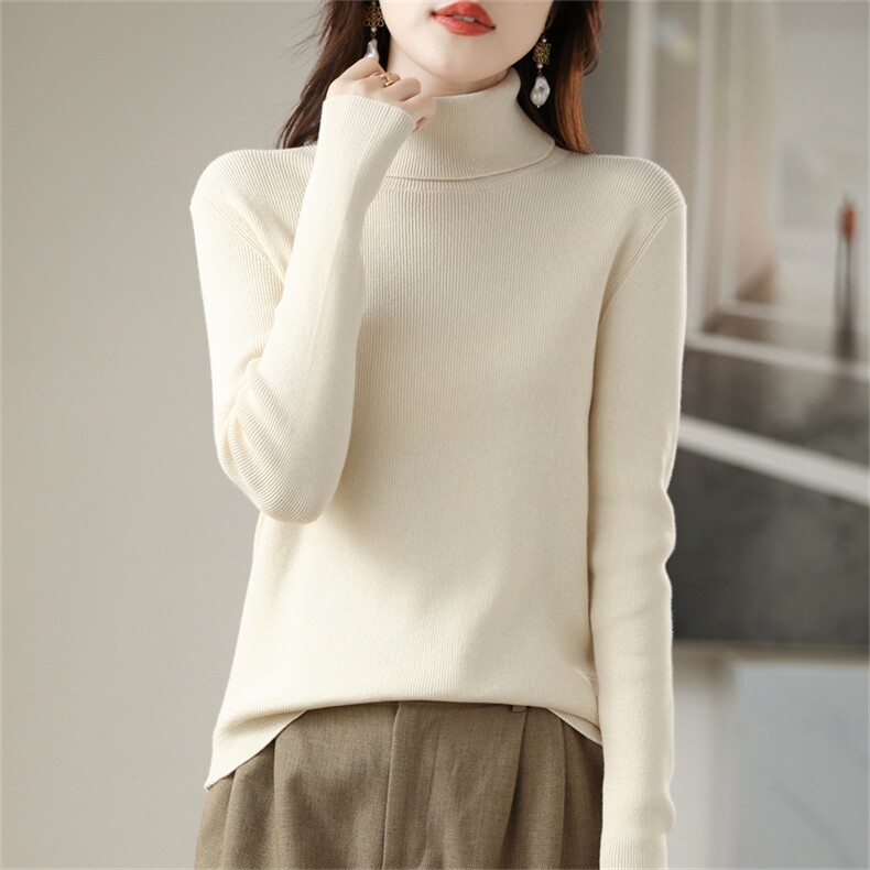 2025年秋季新款针织抽条高翻领上衣时尚休闲通勤百搭，女装针织衫/毛衣，阁惠羊绒