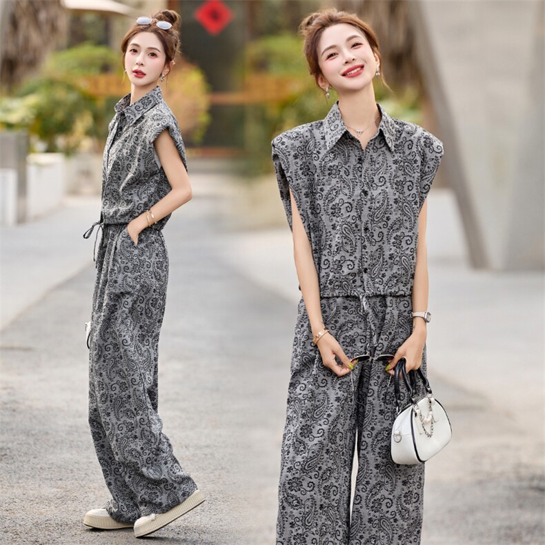 2025年夏季减龄一整套韩系穿搭洋气印花短袖衬衫阔腿裤休闲两件套，女装套装/套裙，依如秀(原杭风阁)