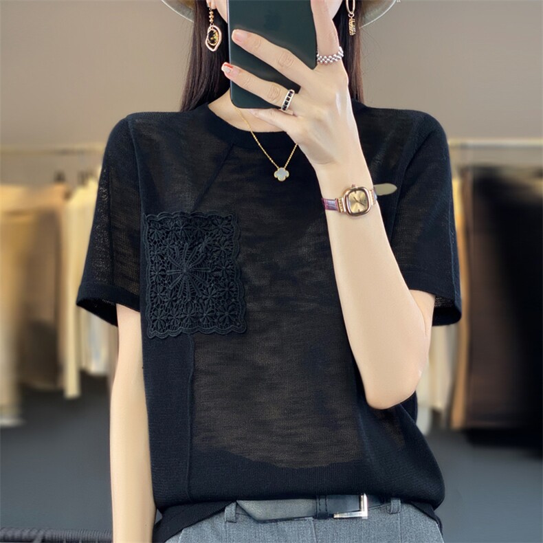 竹节棉t恤女夏季小衫宽松棉麻短袖针织衫女薄款遮肚显瘦刺绣上衣,针织衫/毛衣,大美人包芯纱店