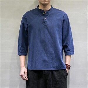 春夏风宽松大码棉麻七分短袖男汉服t恤DSA008/T064/P45图片