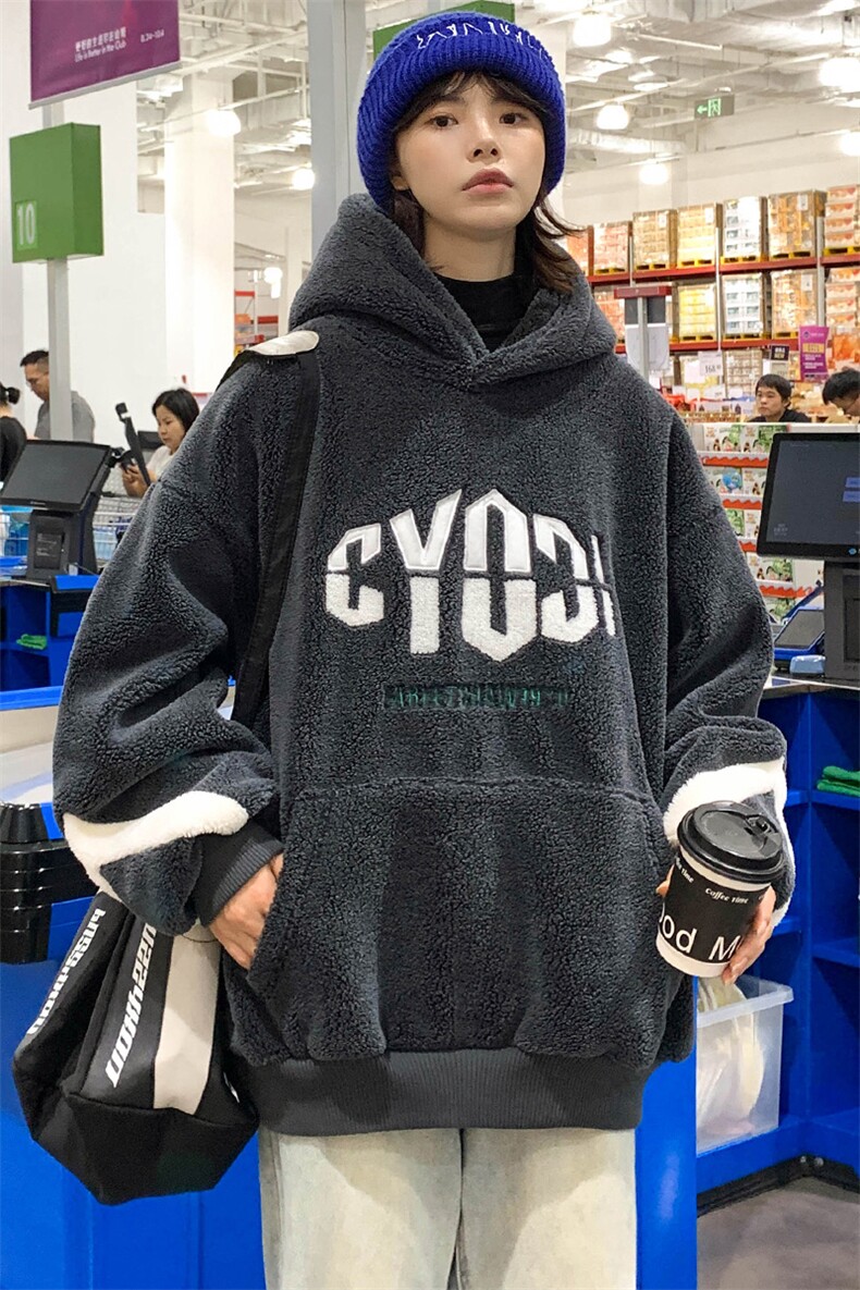 2024秋冬羊羔绒上衣潮加绒宽松连帽卫衣外套男女983-P90控价128,男装卫衣,电商A441-1