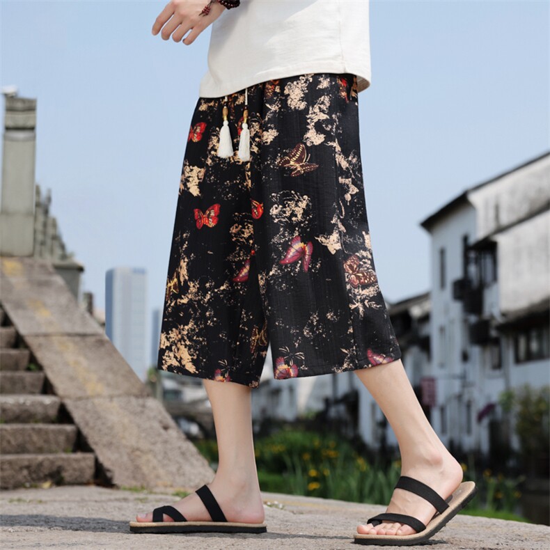 夏季超宽松风印花七分裤棉麻潮流休闲裤直筒A266-1-KZ770-P50，男装牛仔裤，电商A266-1