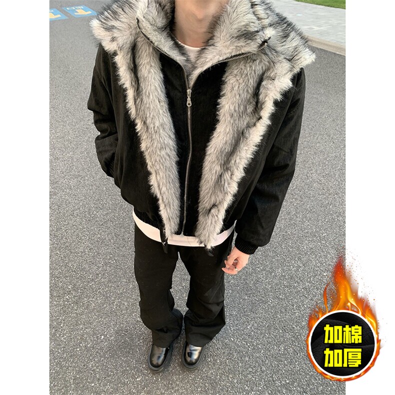 现货高品质美式高街重磅狼王座山雕毛毛领假两件棉衣加厚棉服外套，男装棉衣，电商A443