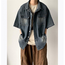 夏季日系复古工装扎染衬衣2024新款水洗牛仔衬衫男现货W8177-P52，男装衬衫，星座512-4