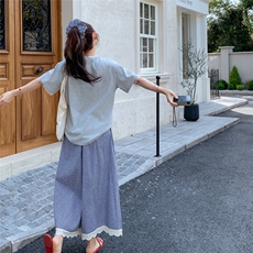 灰色格子花边阔腿裤两件套时尚套装女高腰显瘦一整套，女装套装/套裙，2C166