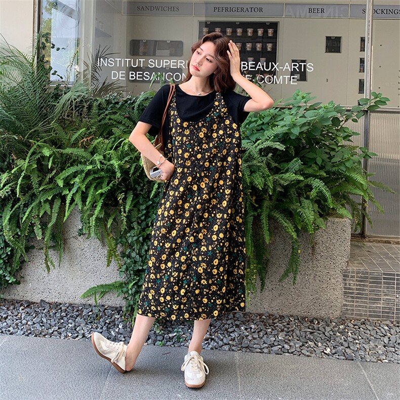 黄色碎花拼接假两件套连衣裙女夏2025新款拼接学院风休闲爆款流行,女装连衣裙,2C285
