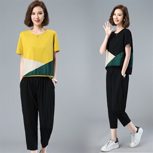 2022夏季新款气质圆领时尚T恤套装 宽松显瘦两件套,女装套装/套裙,深水步