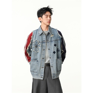 水洗牛仔外套男款春季美式痞帅上衣服宽松休闲工装夹克JK1317-P98图片