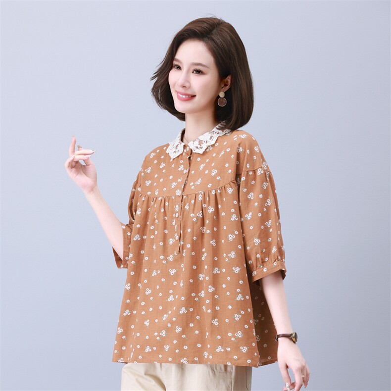 时尚宽松印花拼接上衣甜美蕾丝领口设计适合各种身材的女性穿着,女装衬衫,叶笙衣