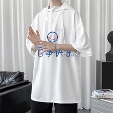 LD54183-P45连帽短袖t恤男大码胖子带帽五分袖中袖，男装T恤，电商A040