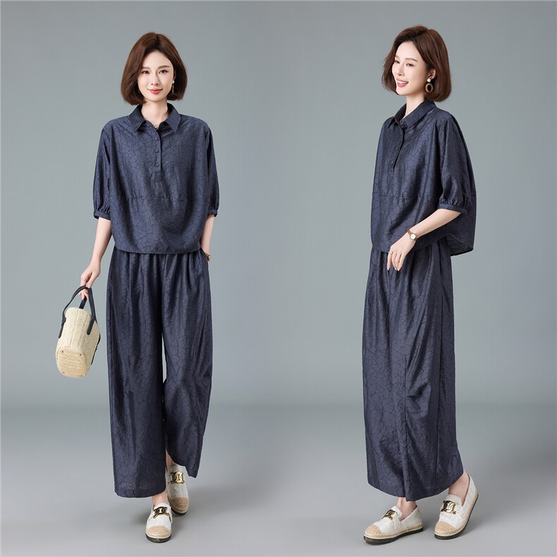 现货2026夏季新款宽松大码洋气减龄莱赛尔提花衬衫套装两件套，女装套装/套裙，深水步