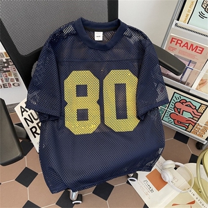 T197-P35 马思唯同款80印花橄榄球服镂空网眼宽松男女短袖T恤图片