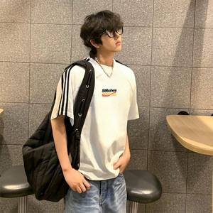 抖音得物高品质二开240克宽松纯棉美式潮牌三条杠织带短袖T恤图片