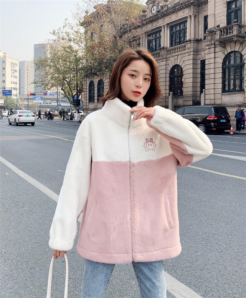 冬装粉白拼色貂绒休闲外套，其它，水锦红