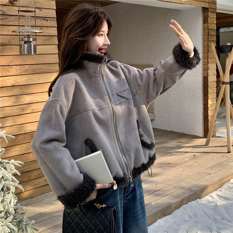立领加厚保暖皮毛一体外套女短款机车服冬季宽松麂皮绒羊羔毛棉衣,女装短外套,艾米莉亚
