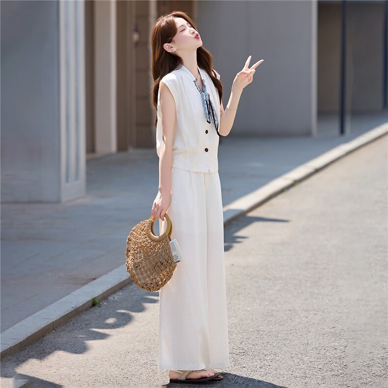 休闲时尚亚麻套装女2026夏季新款韩系减龄无袖上衣阔腿裤两件套潮,女装套装/套裙,意芙