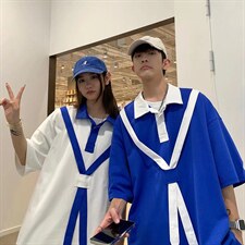 polo衫男短袖t恤宽松半袖ins原宿学生拼色翻领五分袖上衣T535P35图片