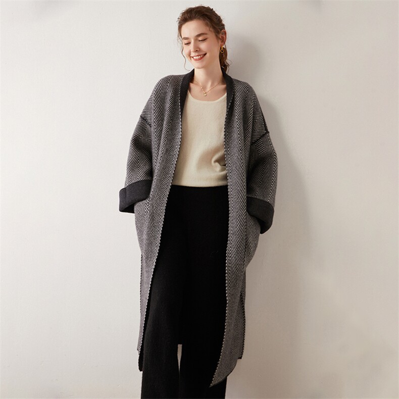 新款女装羊绒大衣时尚人字纹设计优雅显瘦秋冬，女装羊绒大衣，绒创羊绒