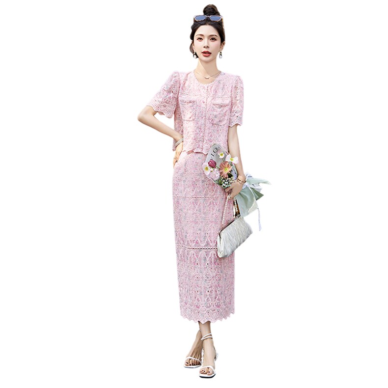 小香风粉色刺绣蕾丝套装裙女2025夏新款甜美超仙气质半身裙两件套,女装套装/套裙,奕可儿