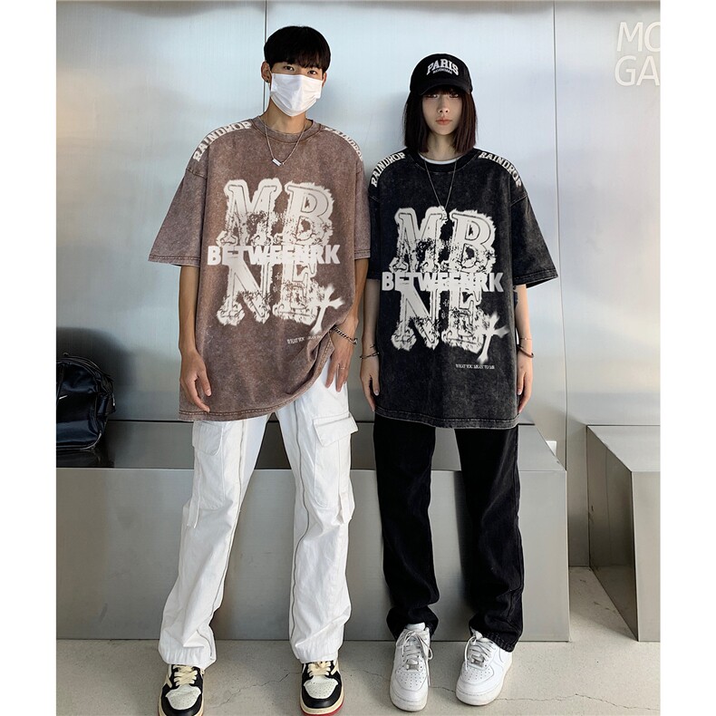 情侣装2026夏季新款高街水洗做旧宽松大码短袖T恤半袖D277P43,男装T恤,电商A335-1（原A458）
