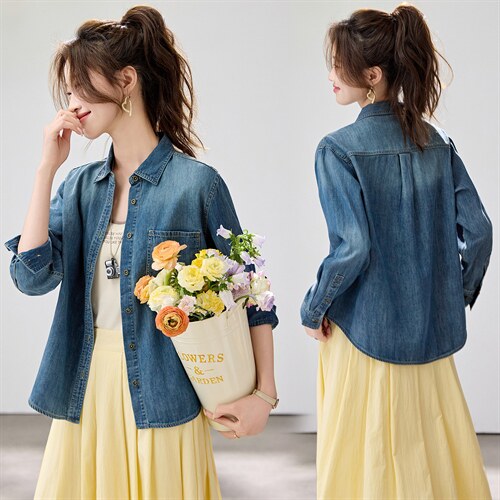 韩系松弛感牛仔衬衫女2026春款叠穿百搭长袖上衣韩版气质内搭外套，女装衬衫，艾米