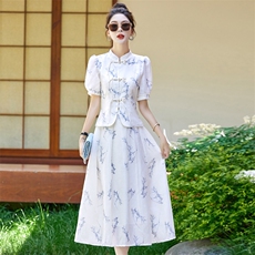 马面裙套装女2025夏新款新中式国风高级感气质印花短袖上衣两件套，女装套装/套裙，姿衣坊