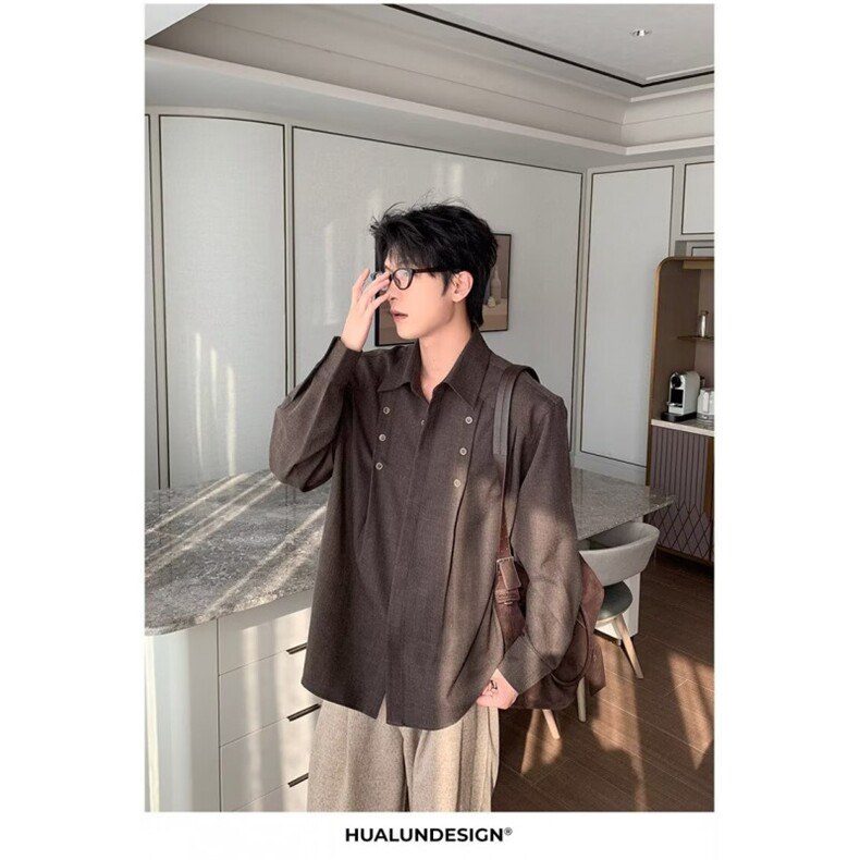 日系复古解构压褶长袖衬衫男春秋老钱风双排扣简约通勤翻领衬衣,男装衬衫,星座506A