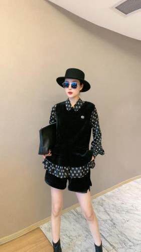 春季新款，D字仿真丝衬衣三件套裤，女装，东洋天堂之花