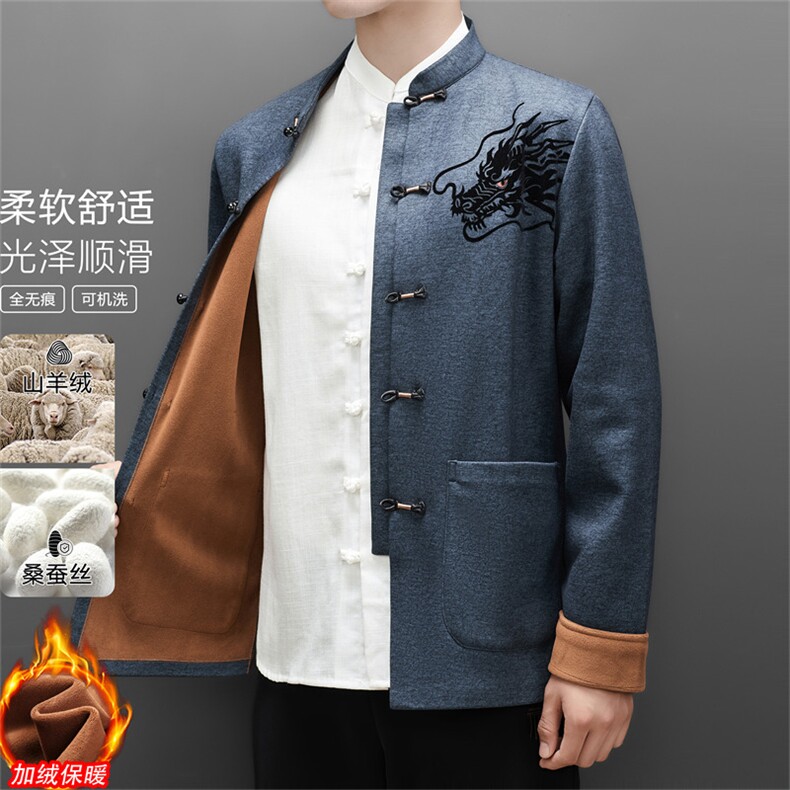 常货高品质冬款中老年山羊绒含加绒唐装外套男中年唐装,男装民族服装,钱塘723