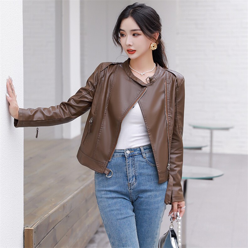 2023新款欧货高级款春秋皮衣外套女士短款高腰咖色机车pu皮夹克,女装皮衣,江南女神
