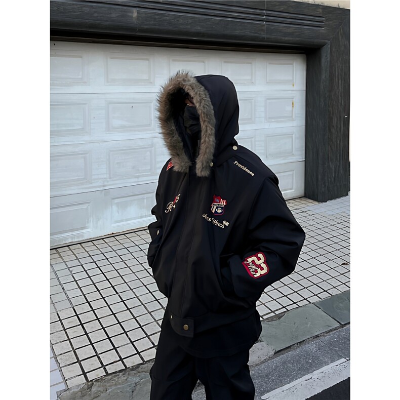 藏青色美式羽绒派克棉服男冬季潮牌高街刺绣毛领外套高级感面包服,男装棉衣,星座813-2