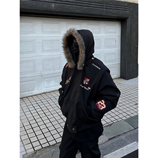 藏青色美式羽绒派克棉服男冬季潮牌高街刺绣毛领外套高级感面包服，男装棉衣，星座813-2