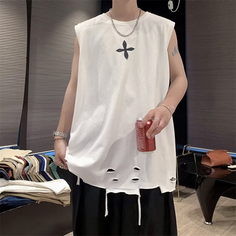 夏季时尚背心流苏剪破款设计感印花高品质纯棉背心马甲BX71 p29图片