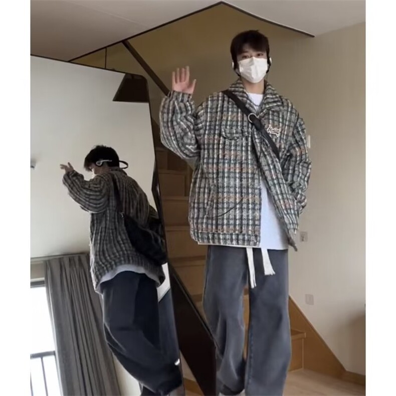 标准潮单排扣夹克新款长袖潮流男格子秋冬时尚青春流行翻领日常图片
