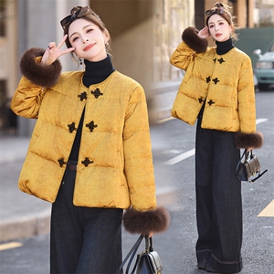 短款羽绒服女2024冬季新款独特漂亮洋气新中式国风黄色狐狸毛外套图片