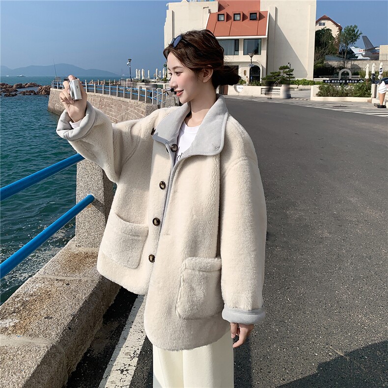 现货！秋冬2025新款仿羊羔毛皮毛一体两面穿外套2596-P235控358,女装短外套,2D009