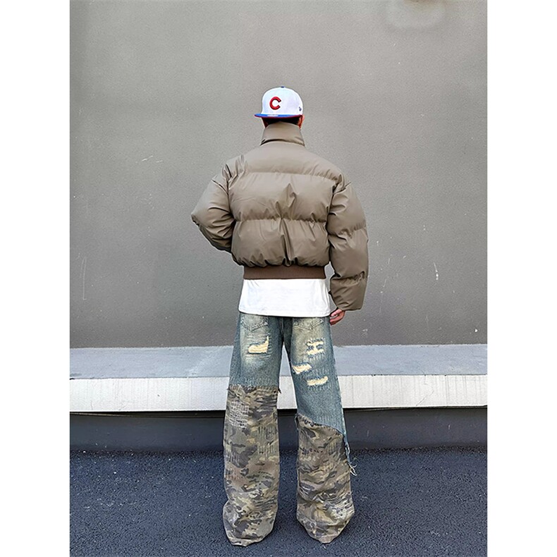 现货5W件冬季三防重磅硬挺boxy短款羽绒立领PU皮棉衣外套加厚棉服,男装棉衣,电商A486