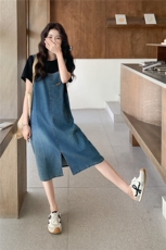 牛仔连衣裙女2025夏新款高级感时尚减龄气质显瘦拼接假两件背带裙，女装连衣裙，2C236