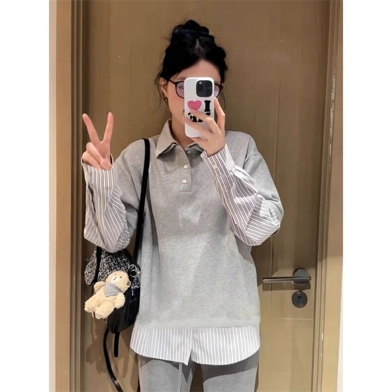 假两件polo衬衫领长袖尚休闲潮牌卫衣男女,男装衬衫,四季星座505