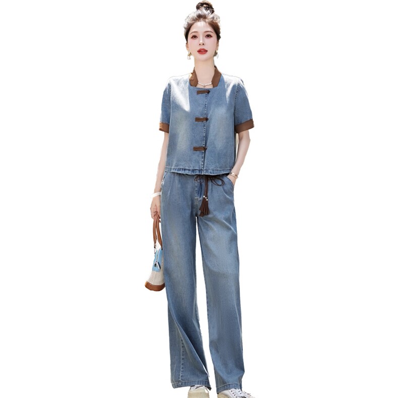 新中式牛仔时尚套装女2025夏季爆款小个子复古显瘦休闲国风两件套,女装套装/套裙,欣品汇