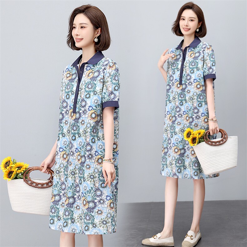 现货2025年夏文艺优雅印花休闲连衣裙,女装连衣裙,依恋蒂丝