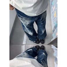 美式水洗猫须纹牛仔裤男破洞补丁夏季阔腿裤子男痞帅直筒长裤，男装牛仔裤，星座601-1