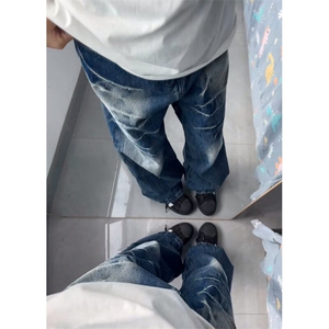 美式水洗猫须纹牛仔裤男破洞补丁夏季阔腿裤子男痞帅直筒长裤图片