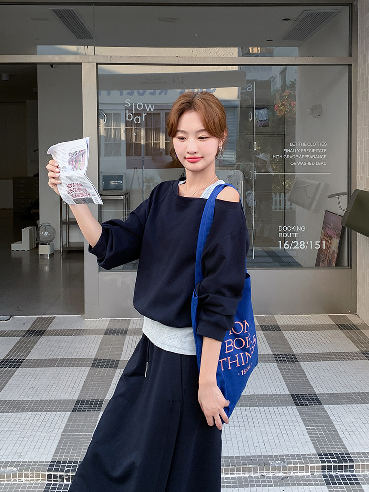 韩系气质假两件露肩卫衣套装裙女2025秋季新款小个子显瘦两件套潮,女装套装/套裙,纯色衣恋