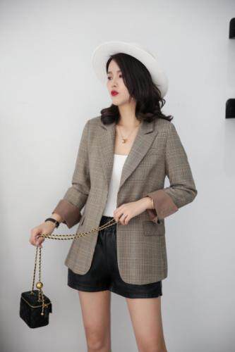 春季新款休闲一粒扣格子小西装，女装西装，名怡