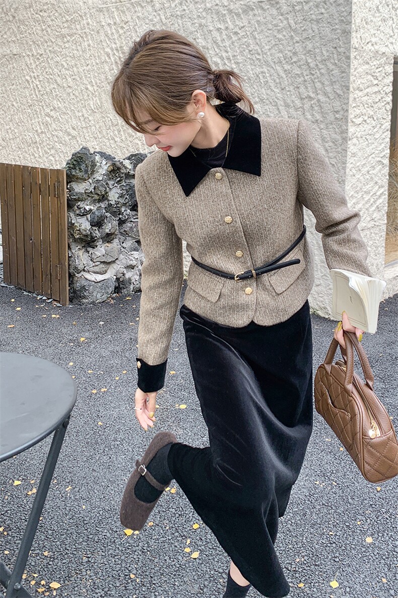 高级感羽绒小香风套装女2025年冬季新款撞色短外套丝绒半身裙直筒,女装套装/套裙,1D102-1