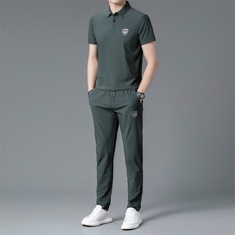 短袖套装男23夏季新款时尚休闲工艺翻领锦氨冰丝质感两件套,男装休闲套装,电商B212（原钱塘6029）