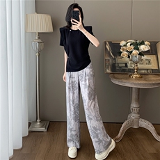高级感时尚潮流套装女夏款显瘦圆领开叉不规则短袖印花长裤两件套，女装套装/套裙，江南